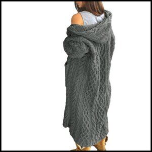 Oversized Cable Knit Cardigan with Hood and Pockets, Long Sleeve Open Front